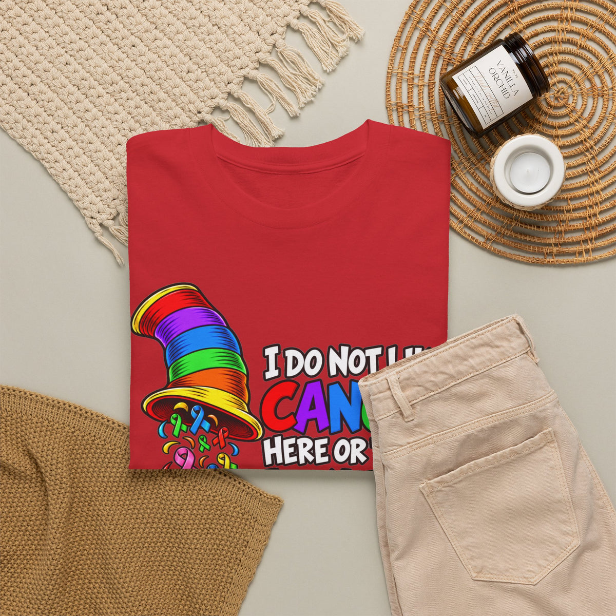 Cancer Awareness T-Shirt — “I Do Not Like Cancer Here or There” Rainbow Ribbon Tee