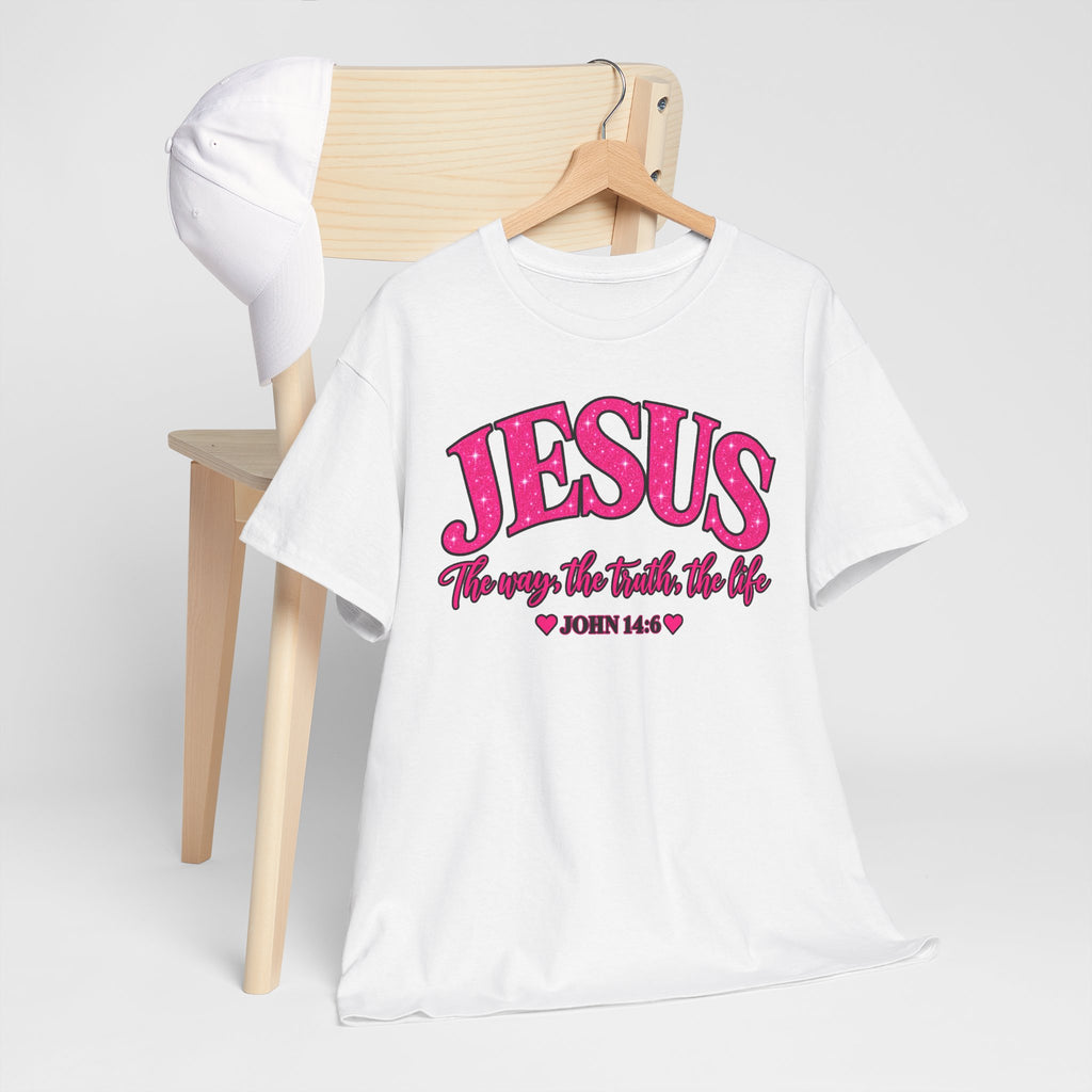 Christian T-Shirt — "JESUS The way, the truth, the life" (John 14:6) Pink Vintage Script