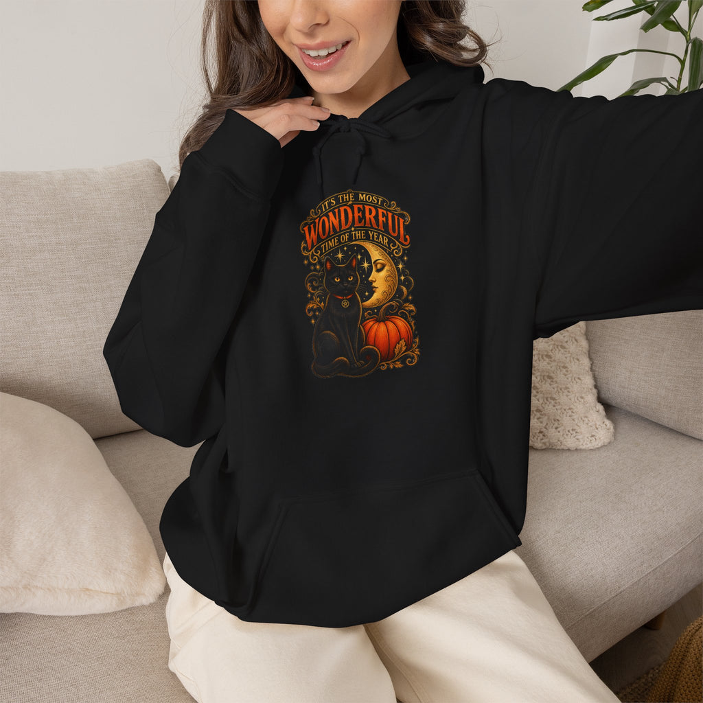 Halloween Black Cat Moon Hoodie – Vintage Pumpkin & Crescent Moon Fall Sweatshirt