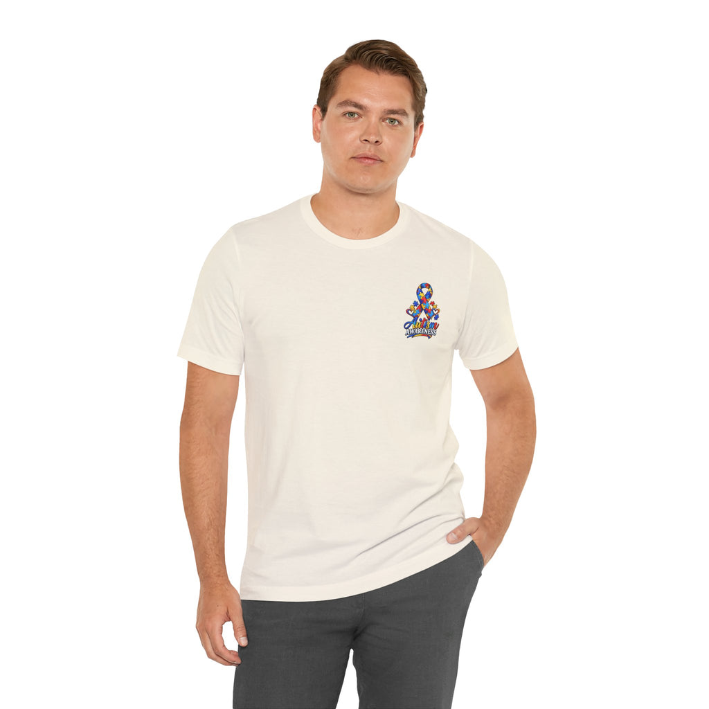 Autism Awareness Ribbon Chest Tee — 'Different, Not Less' Short Sleeve T-Shirt
