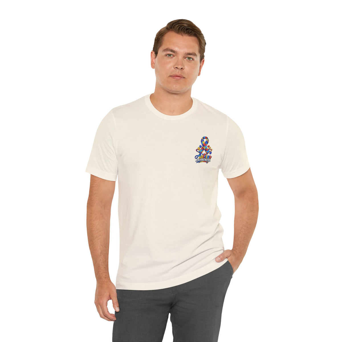 Autism Awareness Ribbon Chest Tee — 'Different, Not Less' Short Sleeve T-Shirt