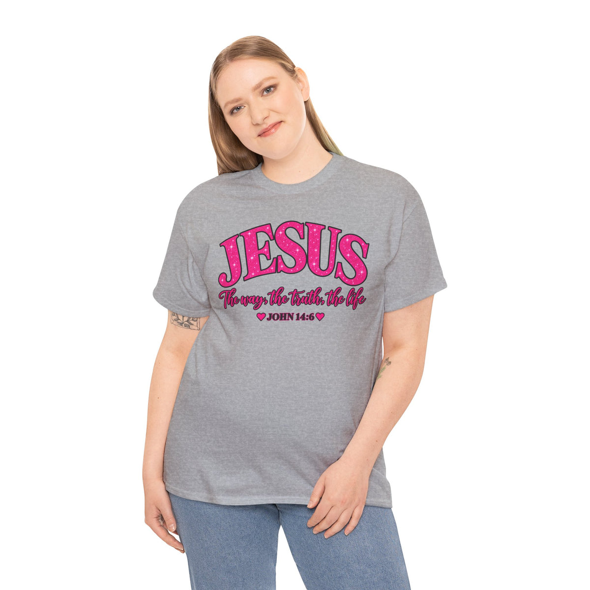 Christian T-Shirt — "JESUS The way, the truth, the life" (John 14:6) Pink Vintage Script