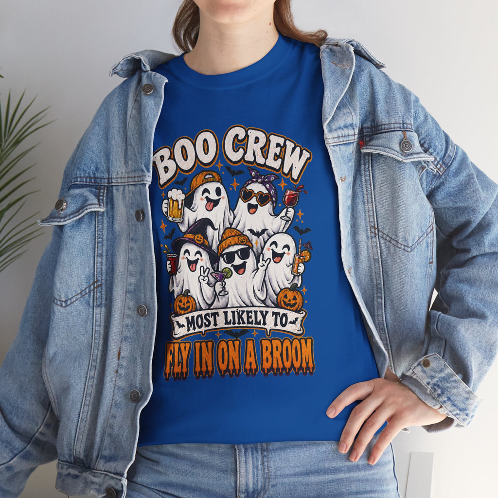 Boo Crew T-Shirt — “Most Likely to Fly on a Broom” Halloween Ghost Tee