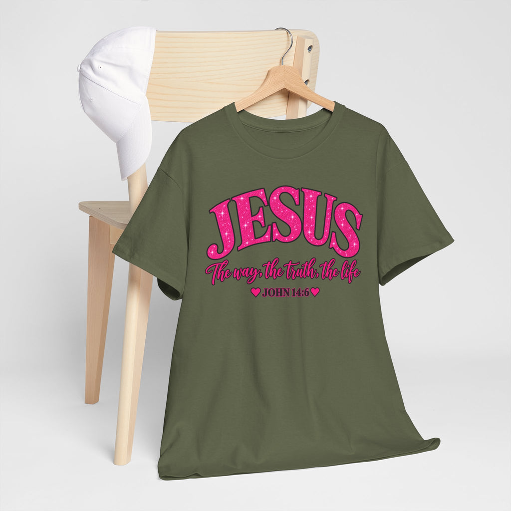 Christian T-Shirt — "JESUS The way, the truth, the life" (John 14:6) Pink Vintage Script