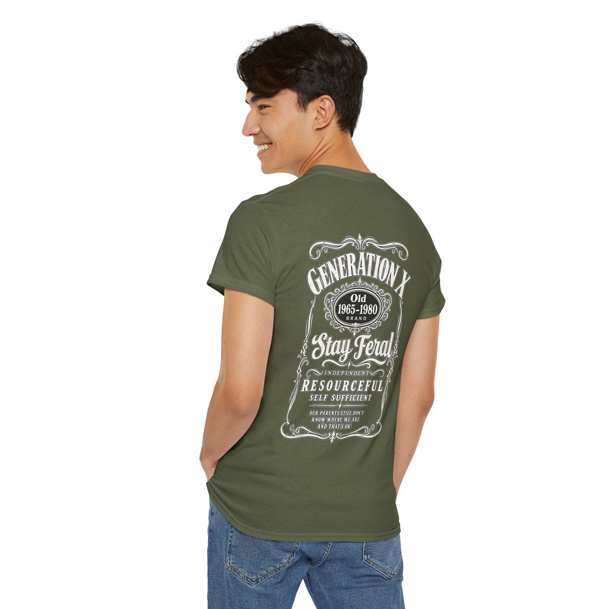 Generation X T‑Shirt — 'Stay Feral' Vintage Whiskey Label Tee (Born 1965–1980)