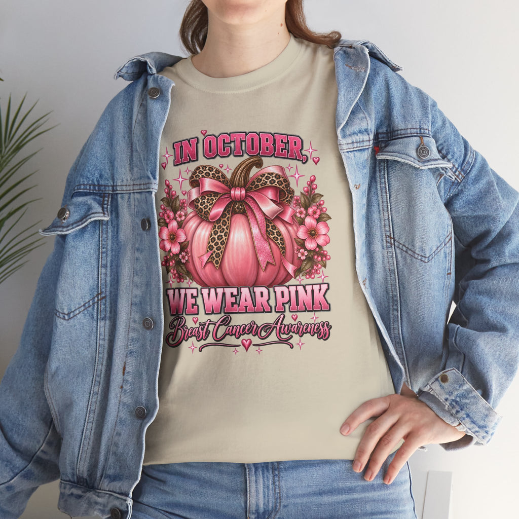 Breast Cancer Awareness T-Shirt — "In October We Wear Pink" Pumpkin Design