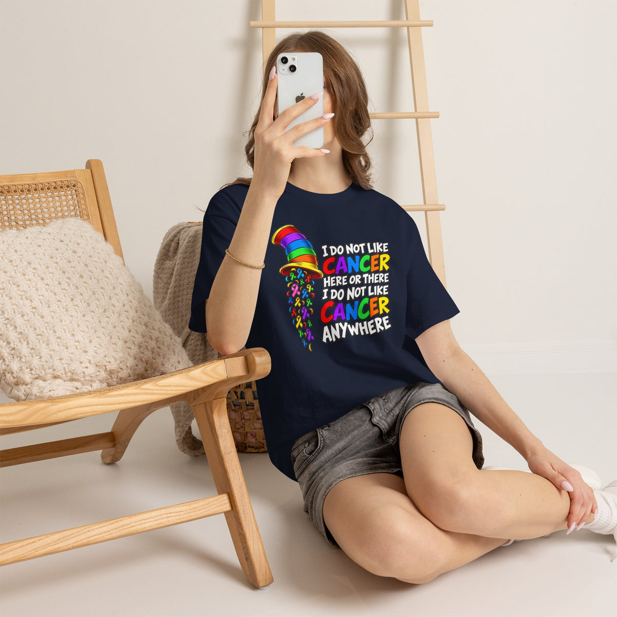 Cancer Awareness T-Shirt — “I Do Not Like Cancer Here or There” Rainbow Ribbon Tee