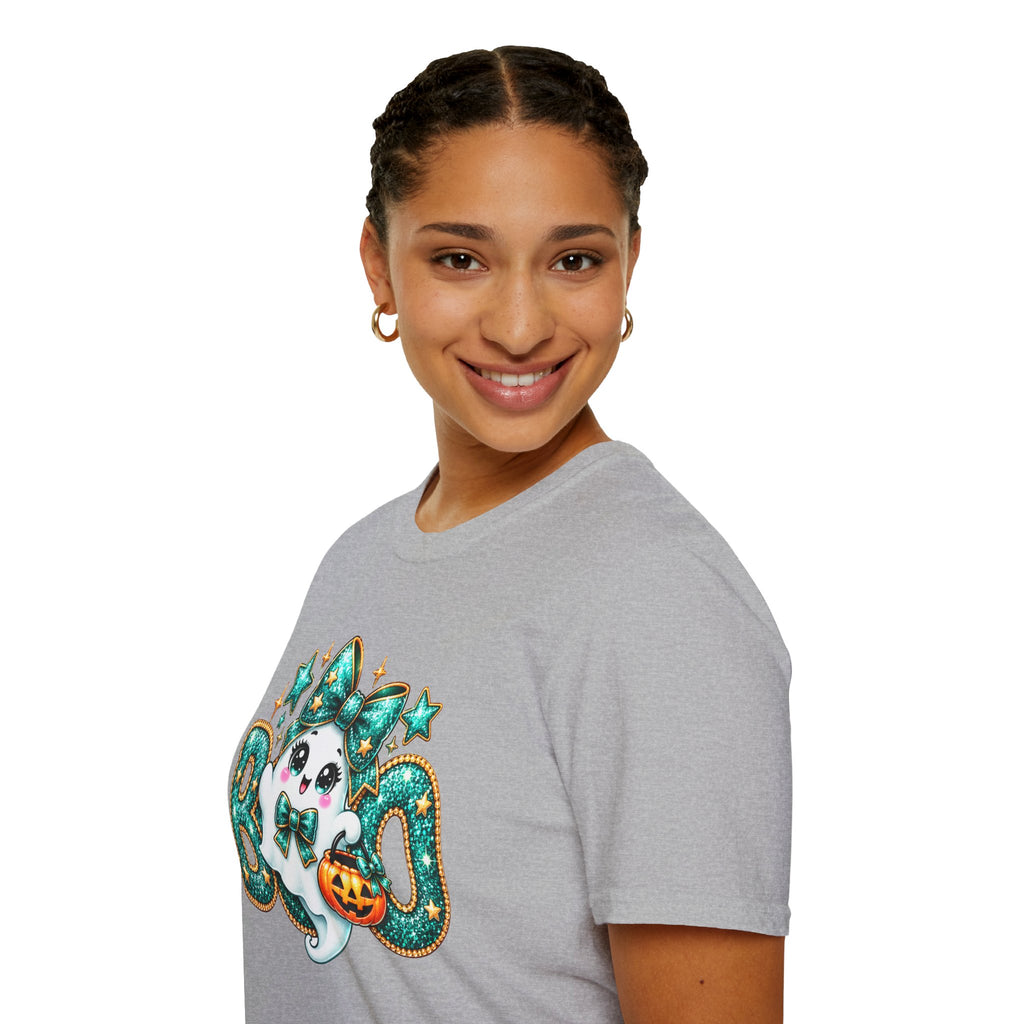 Boo Ghost Graphic T-Shirt — Cute Teal Glitter Halloween Tee
