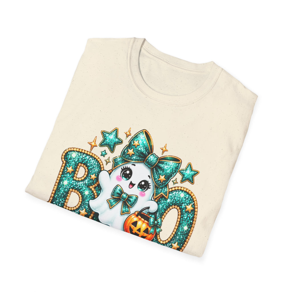 Boo Ghost Graphic T-Shirt — Cute Teal Glitter Halloween Tee