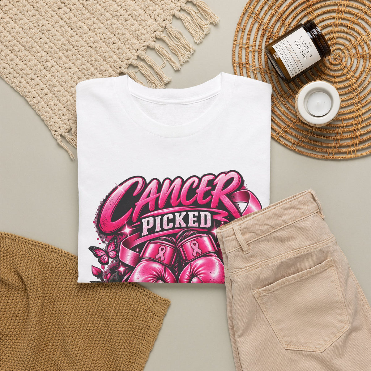 Cancer Picked The Wrong Fighter T-Shirt — Breast Cancer Awareness Support Tee