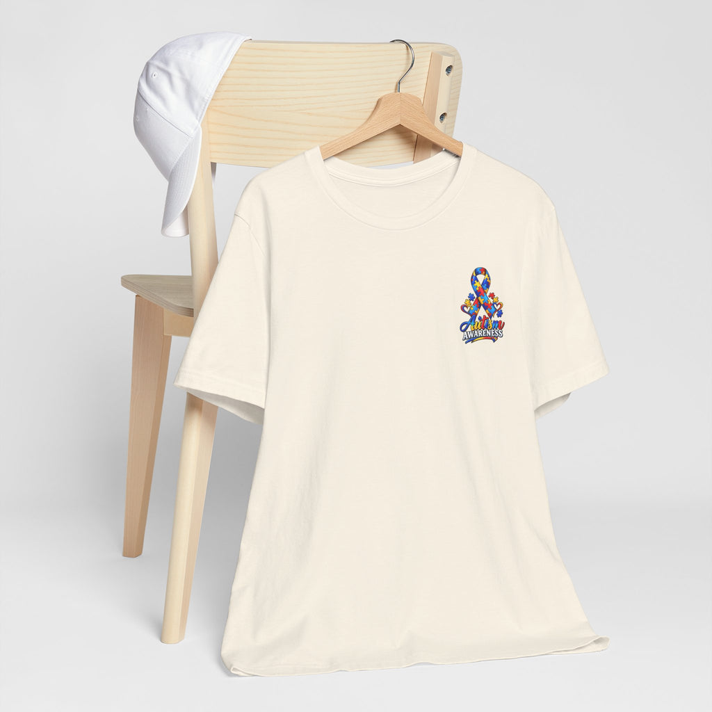 Autism Awareness Ribbon Chest Tee — 'Different, Not Less' Short Sleeve T-Shirt