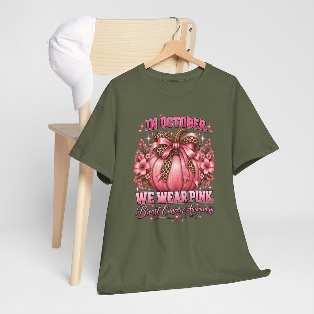 Breast Cancer Awareness T-Shirt — "In October We Wear Pink" Pumpkin Design