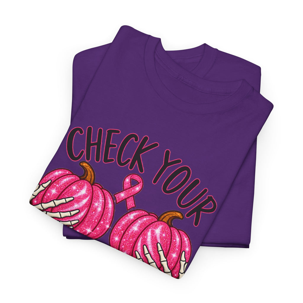 Breast Cancer Awareness T-Shirt — "Check Your Pumpkins for Lumps" Pink Ribbon Tee