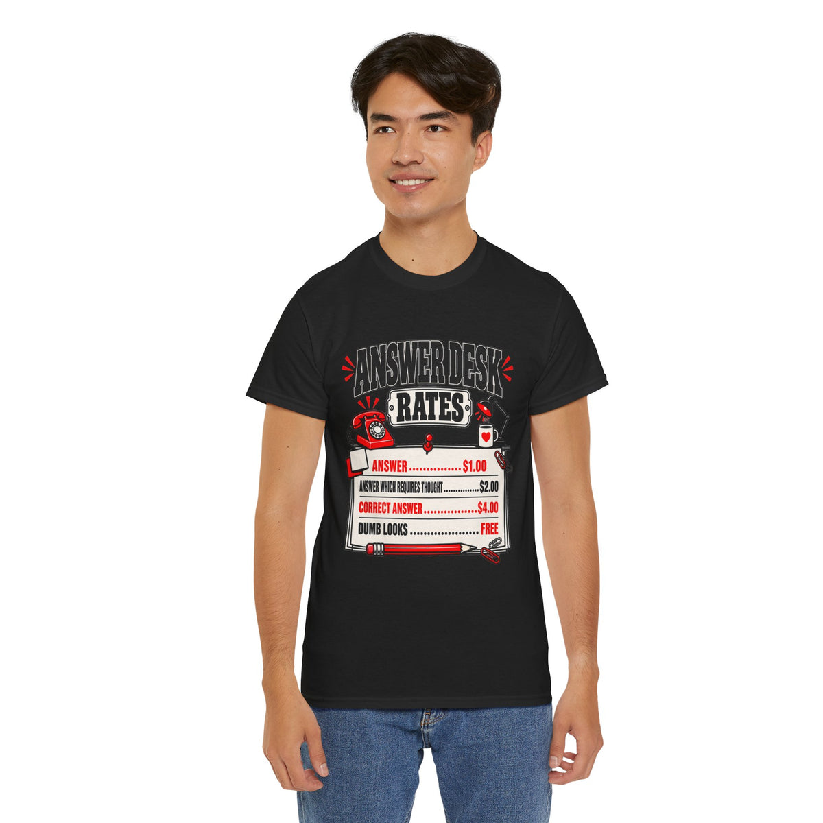 Answer Desk Rates T-Shirt — Funny Help Desk IT Support Tee ("Answer 1.00, Correct Answer 4.00")