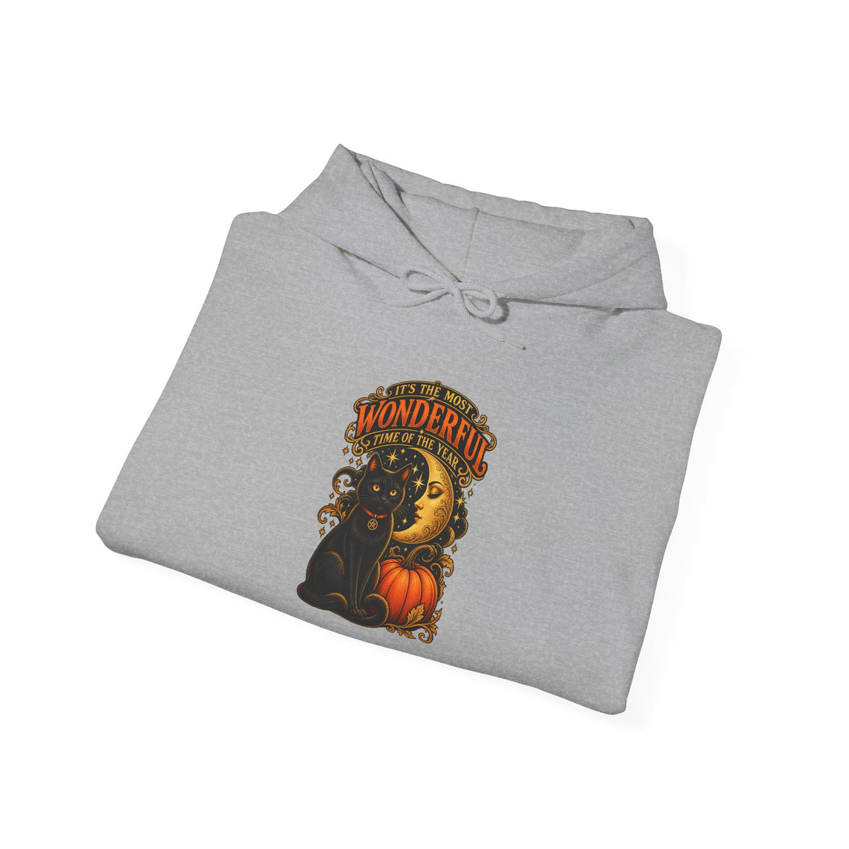 Halloween Black Cat Moon Hoodie – Vintage Pumpkin & Crescent Moon Fall Sweatshirt