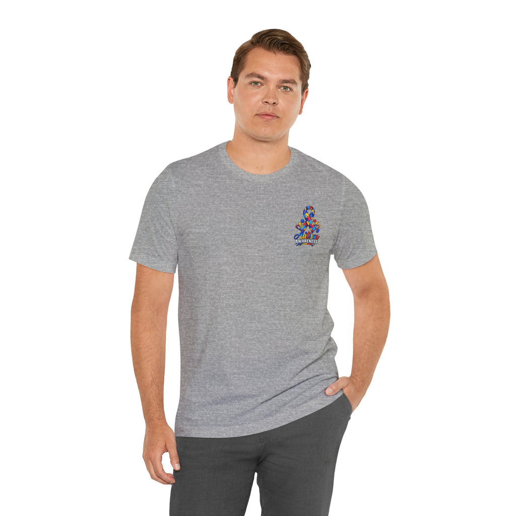 Autism Awareness Ribbon Chest Tee — 'Different, Not Less' Short Sleeve T-Shirt