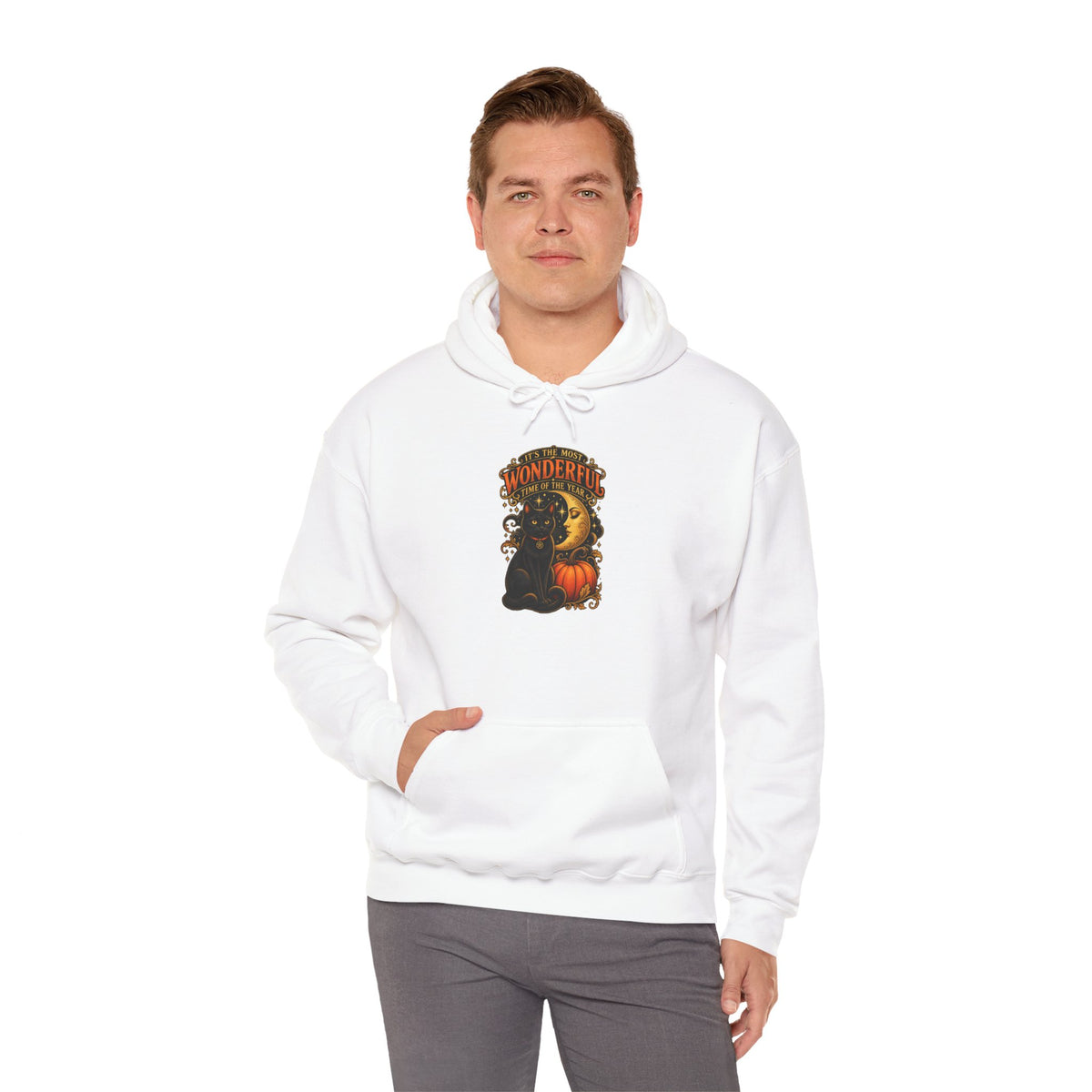 Halloween Black Cat Moon Hoodie – Vintage Pumpkin & Crescent Moon Fall Sweatshirt