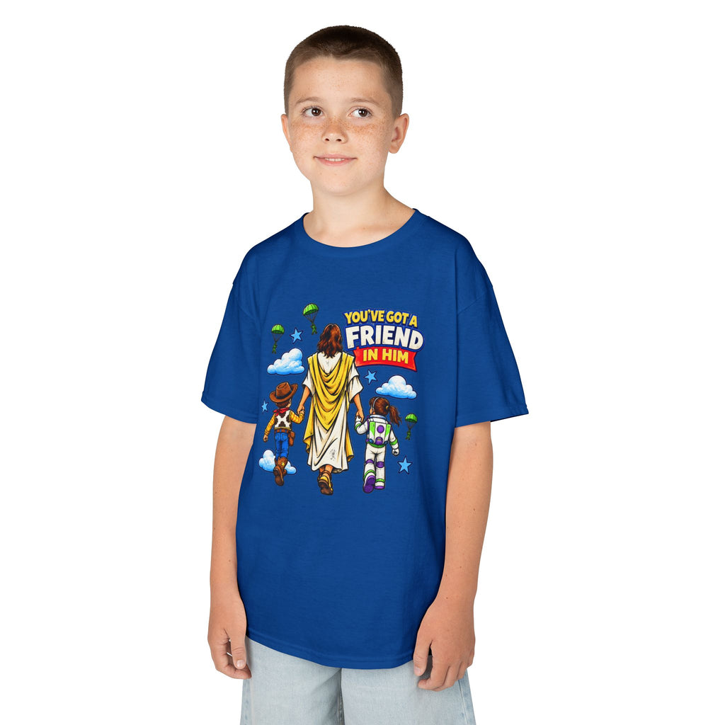 Kids Tee — "You've Gotta Friend in Him" Inspirational Jesus & Toy Friends Graphic