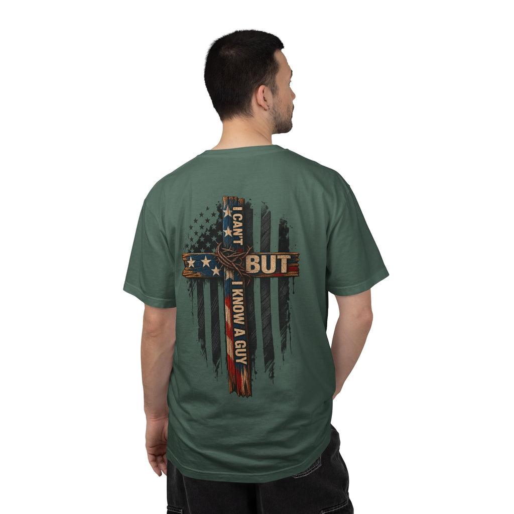 T-Shirt — 'I Can't But I Know A Guy' American Flag Cross Graphic