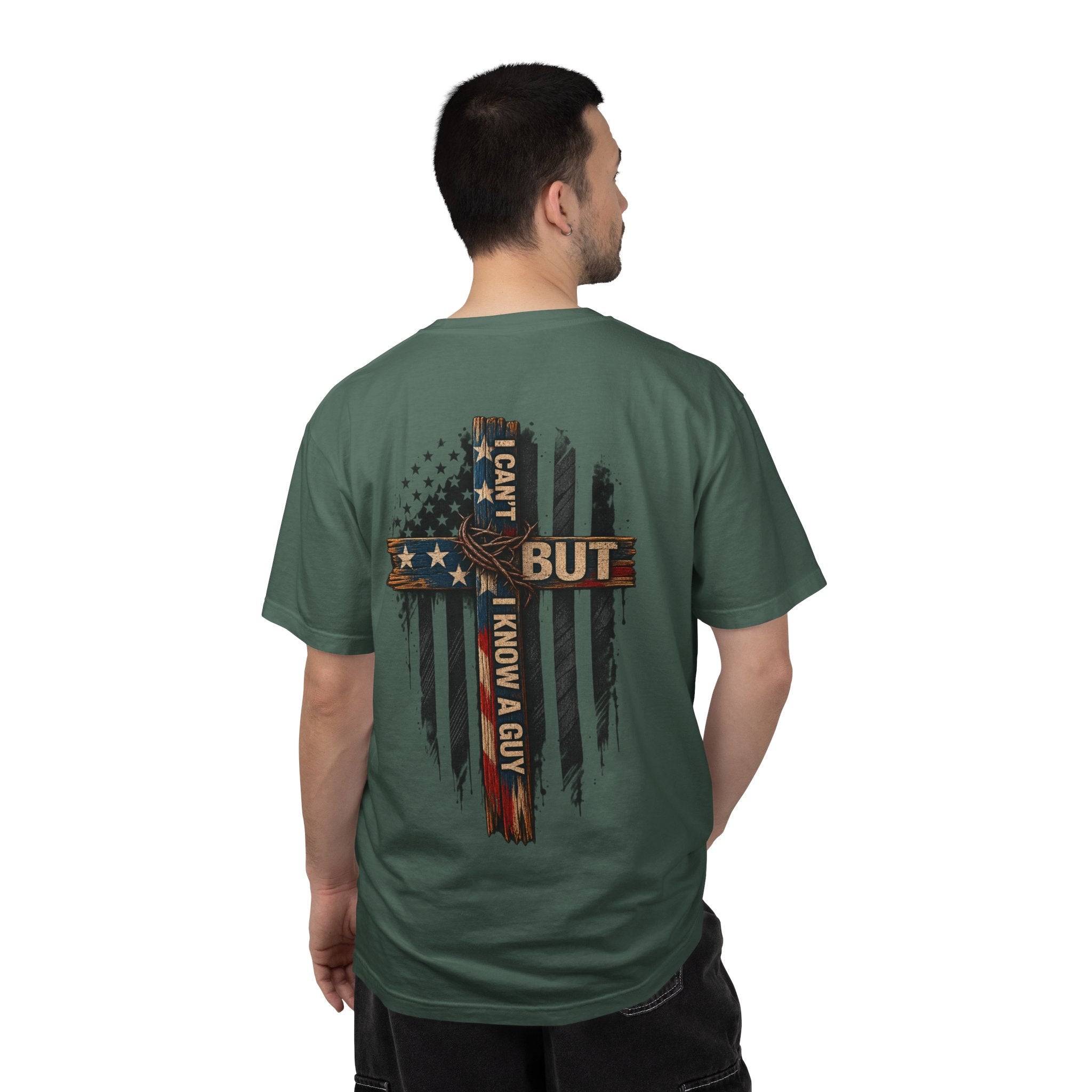T-Shirt — 'I Can't But I Know A Guy' American Flag Cross Graphic