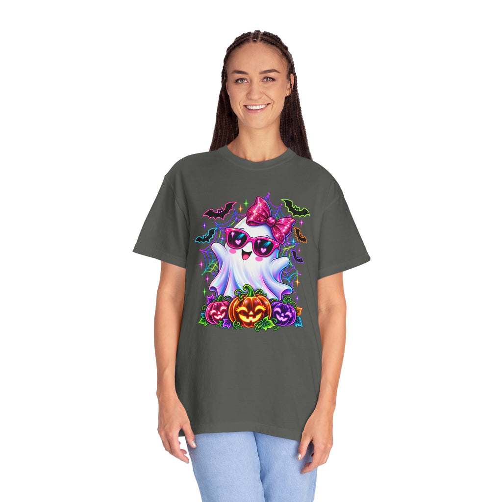 Cute Halloween Ghost T-Shirt — Pink Bow Ghost with Sunglasses & Pumpkins