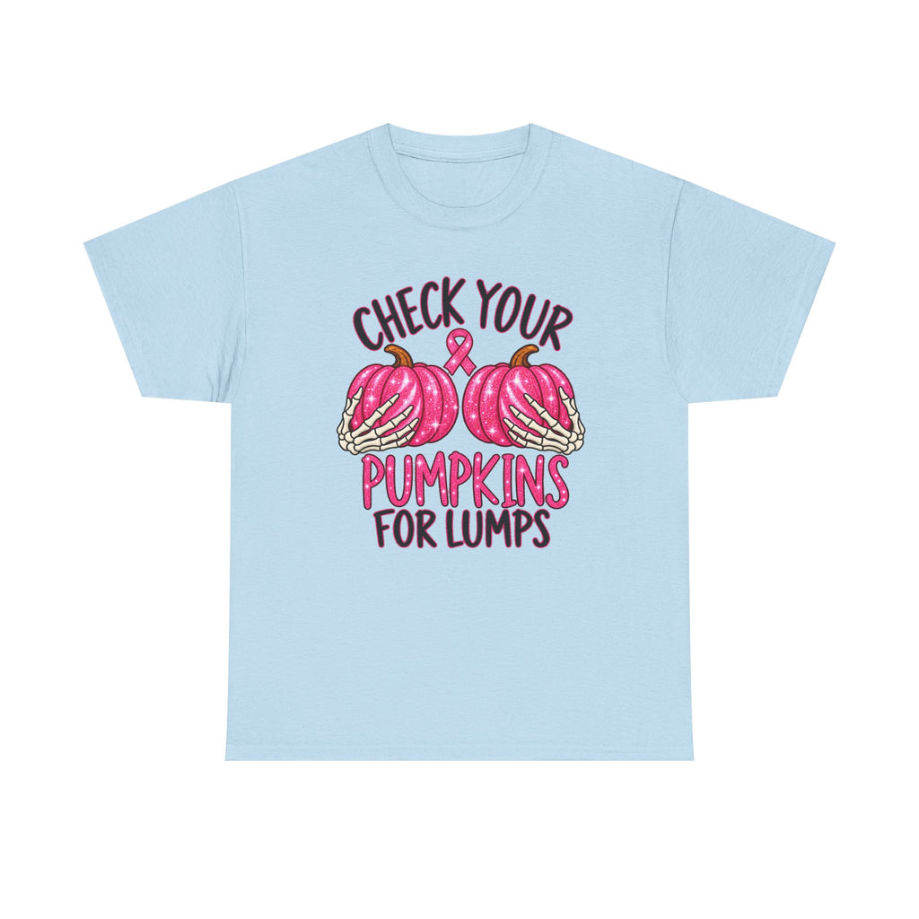 Breast Cancer Awareness T-Shirt — "Check Your Pumpkins for Lumps" Pink Ribbon Tee