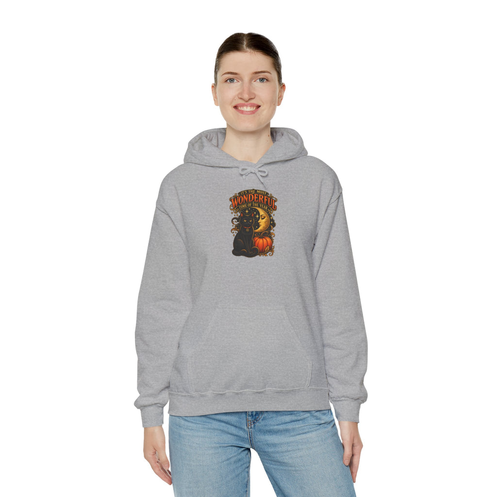 Halloween Black Cat Moon Hoodie – Vintage Pumpkin & Crescent Moon Fall Sweatshirt