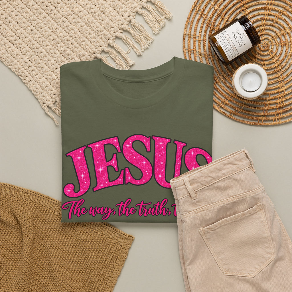 Christian T-Shirt — "JESUS The way, the truth, the life" (John 14:6) Pink Vintage Script