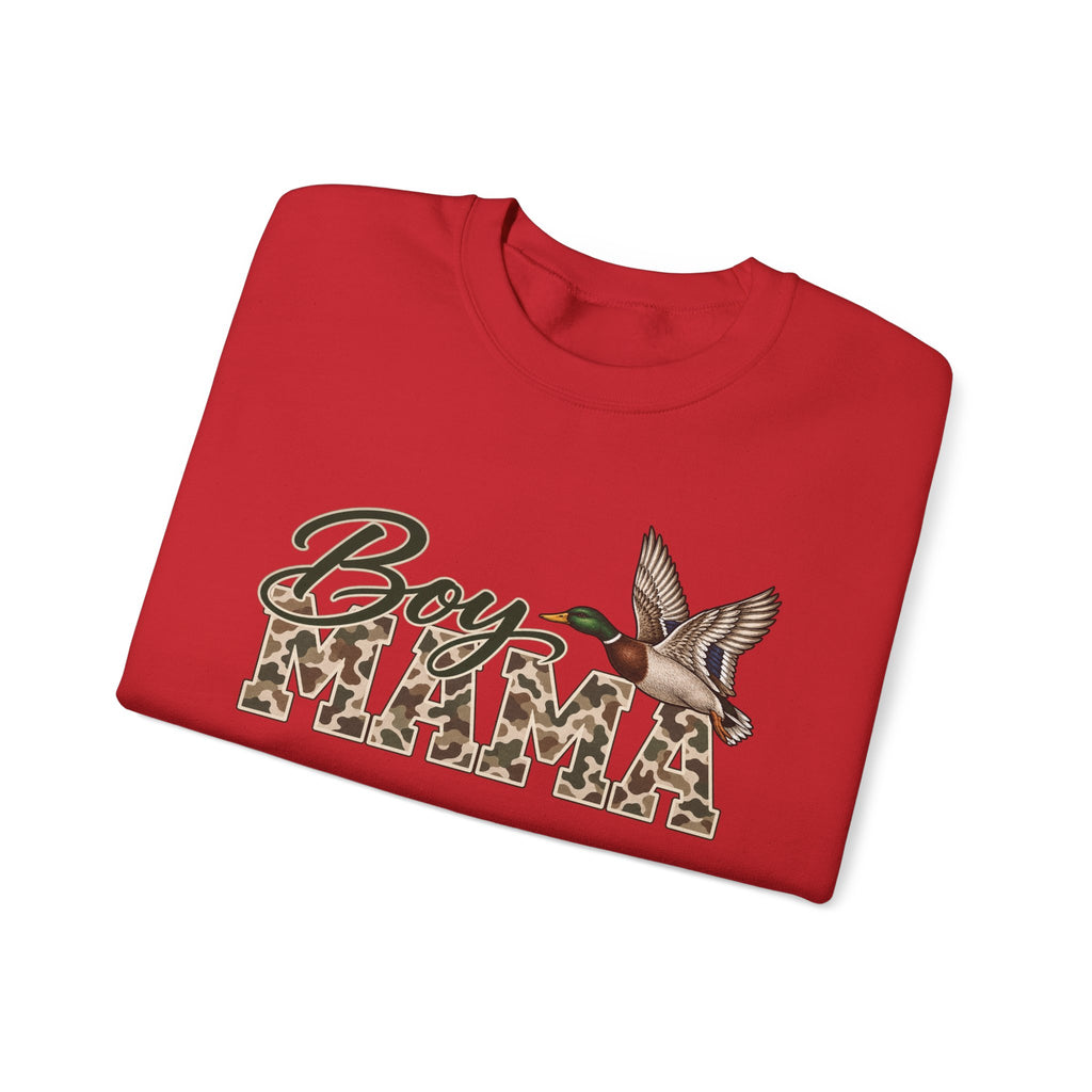 Boy Mama Crewneck Sweatshirt — Camo Lettering with Flying Duck