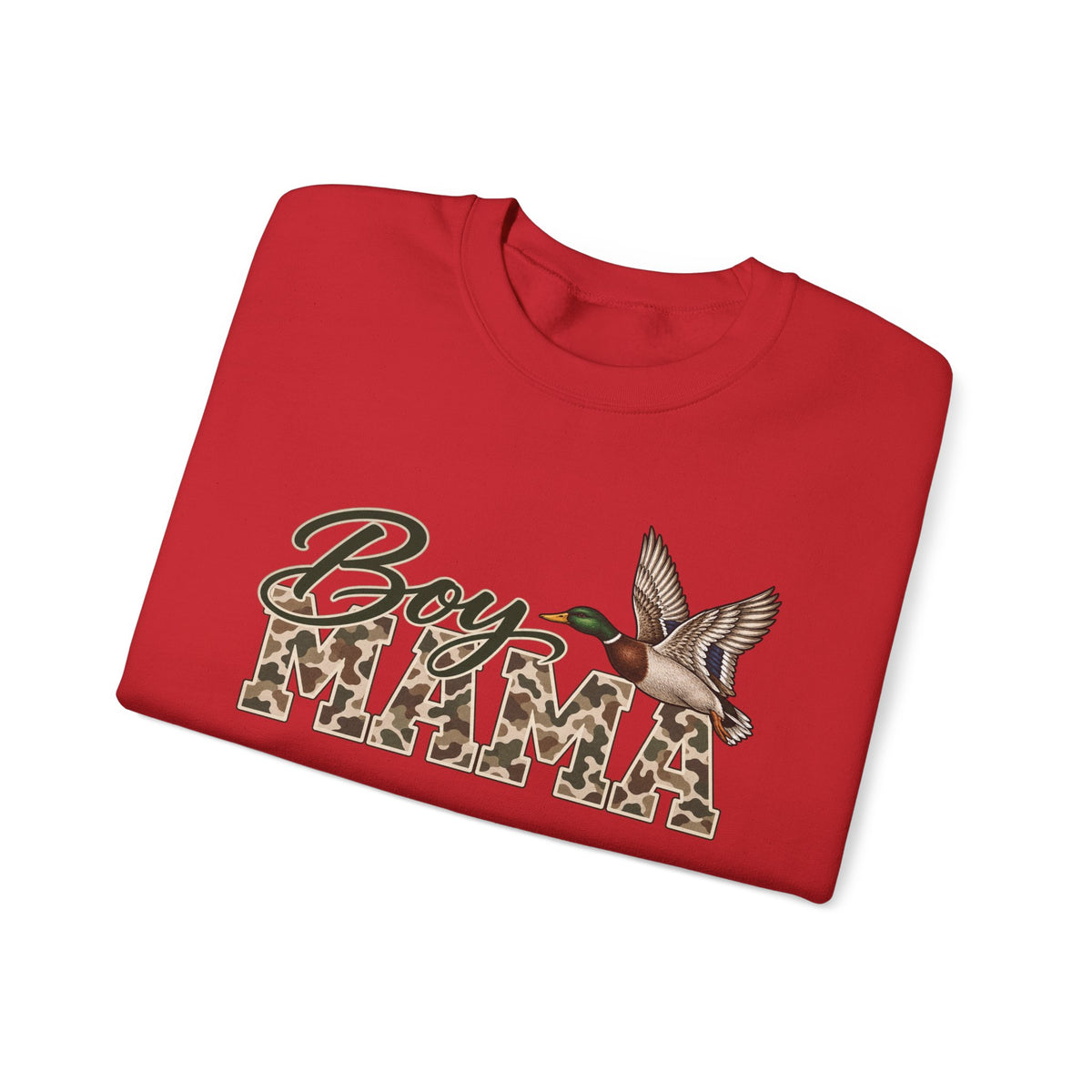 Boy Mama Crewneck Sweatshirt — Camo Lettering with Flying Duck