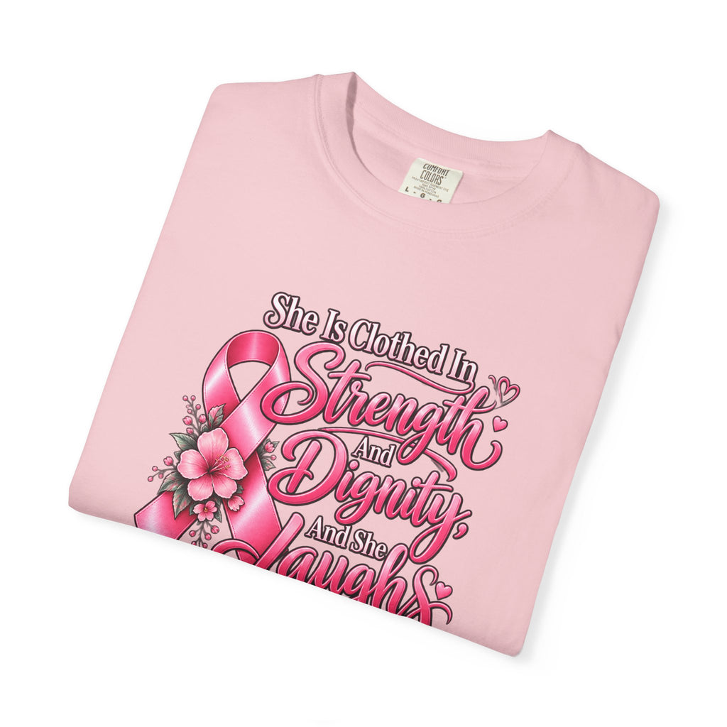 Breast Cancer Awareness T-Shirt — "She is Clothed in Strength" Pink Ribbon Tee