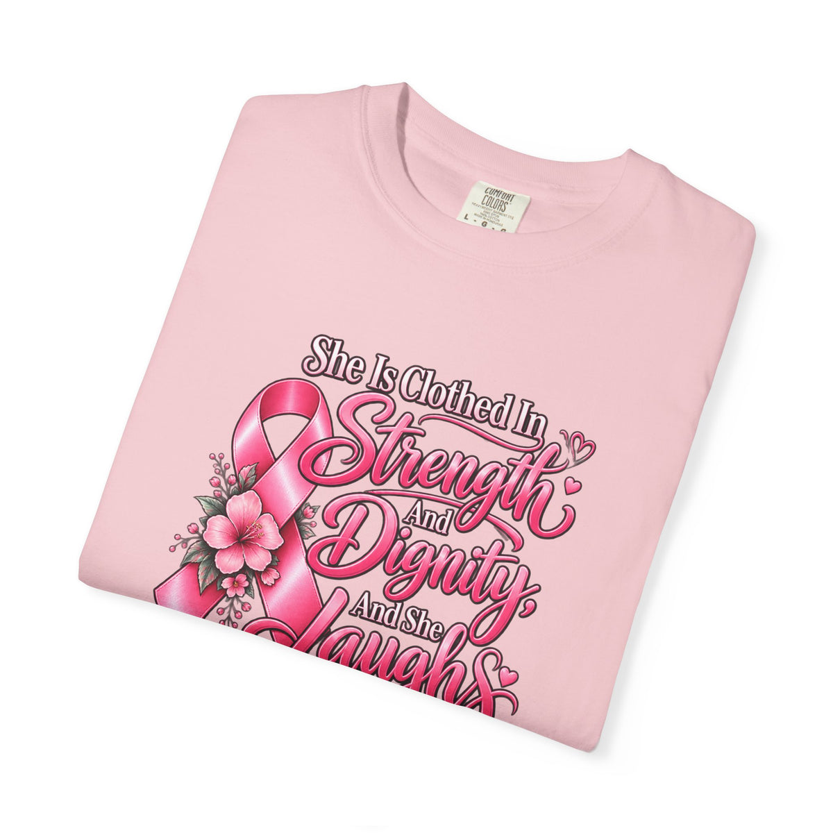 Breast Cancer Awareness T-Shirt — "She is Clothed in Strength" Pink Ribbon Tee