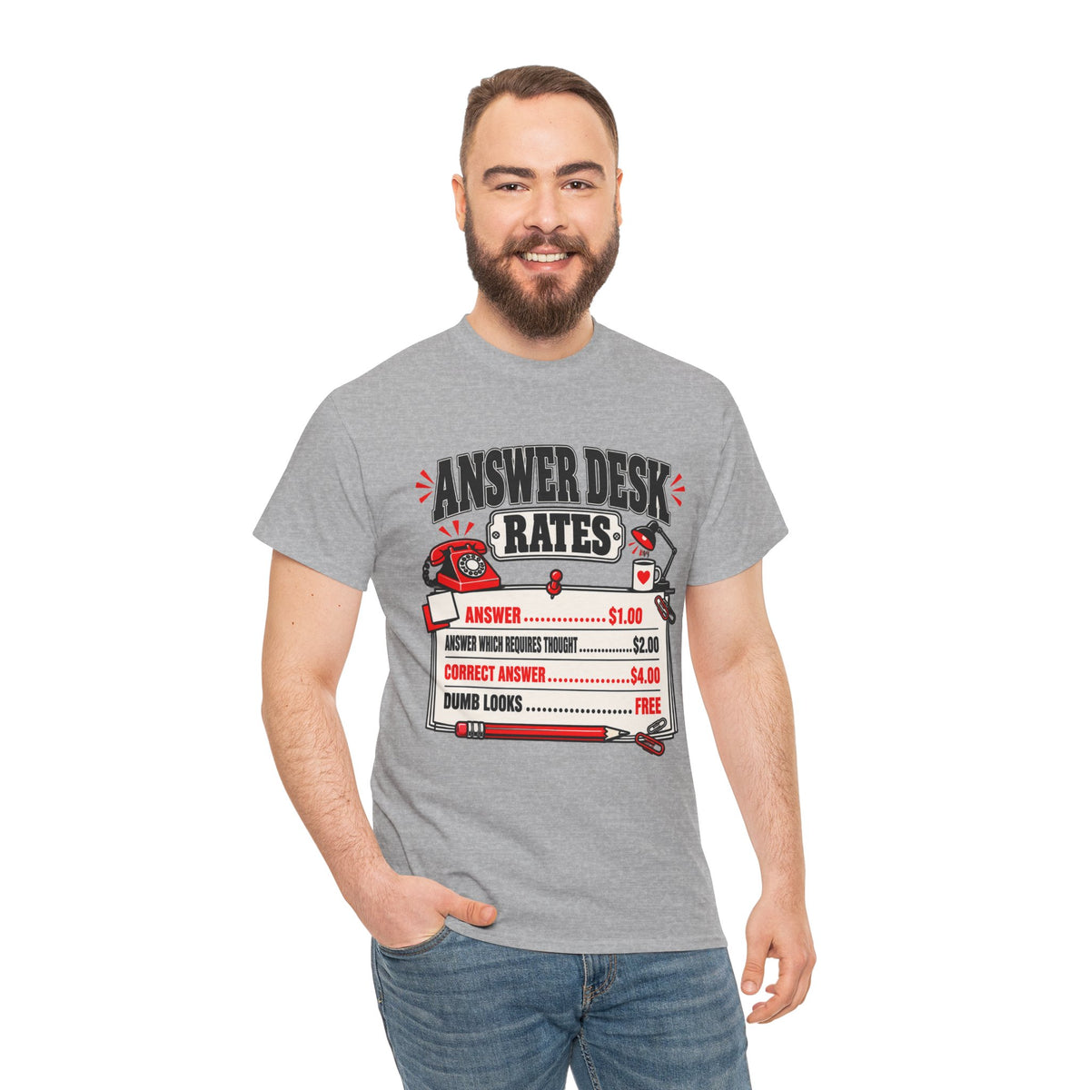 Answer Desk Rates T-Shirt — Funny Help Desk IT Support Tee ("Answer 1.00, Correct Answer 4.00")