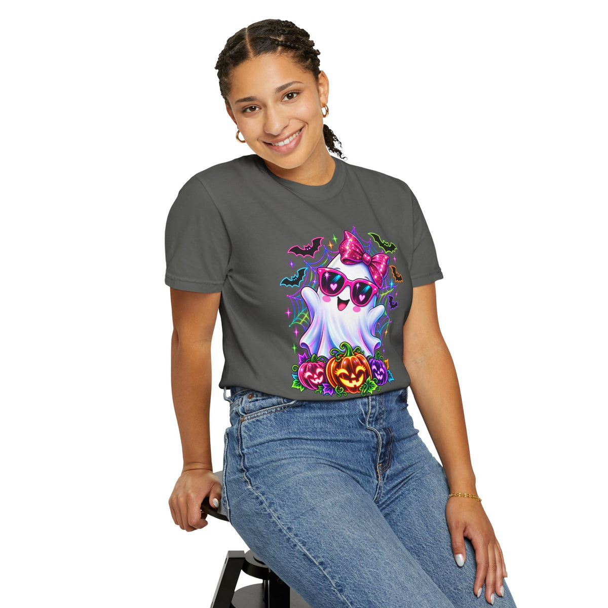 Cute Halloween Ghost T-Shirt — Pink Bow Ghost with Sunglasses & Pumpkins