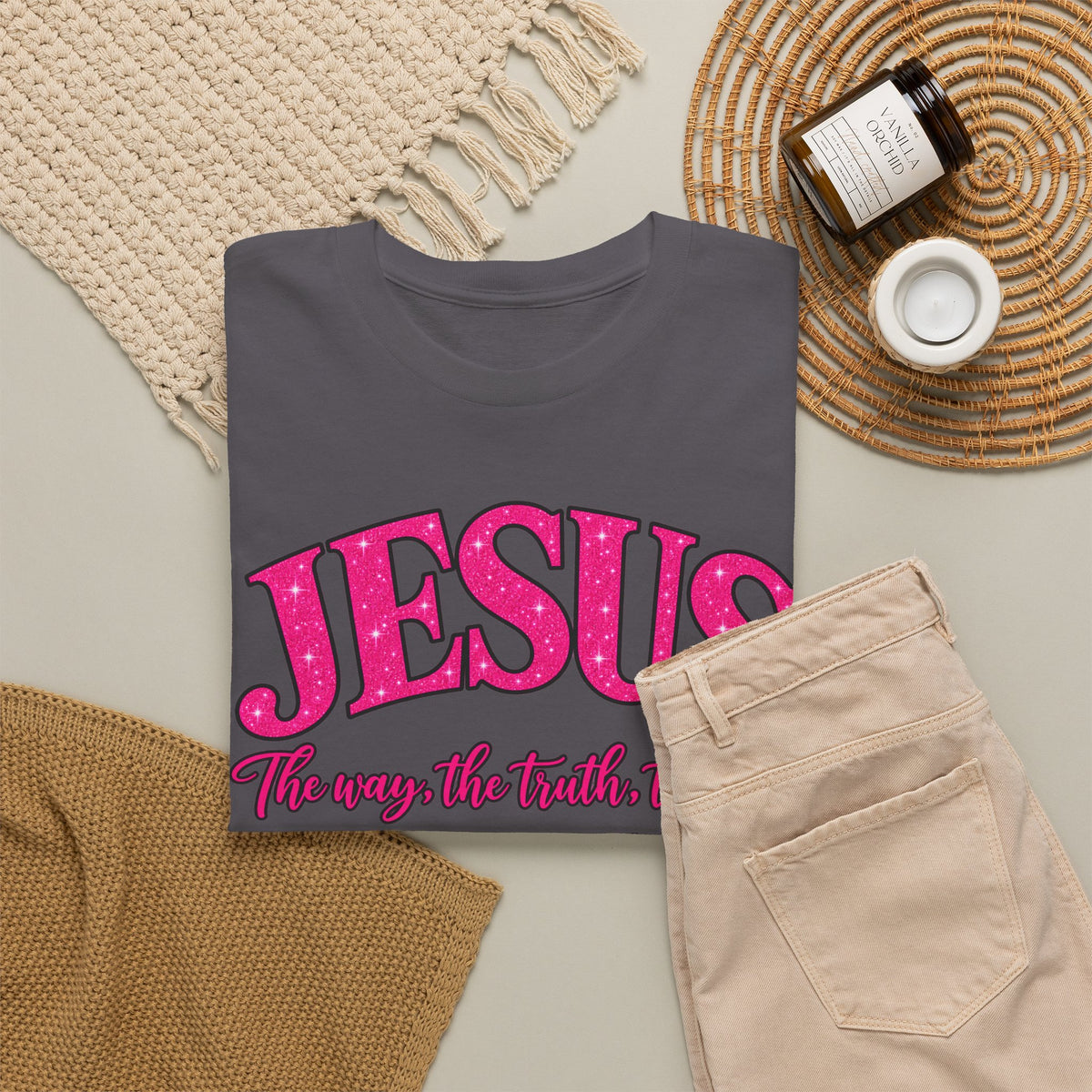 Christian T-Shirt — "JESUS The way, the truth, the life" (John 14:6) Pink Vintage Script