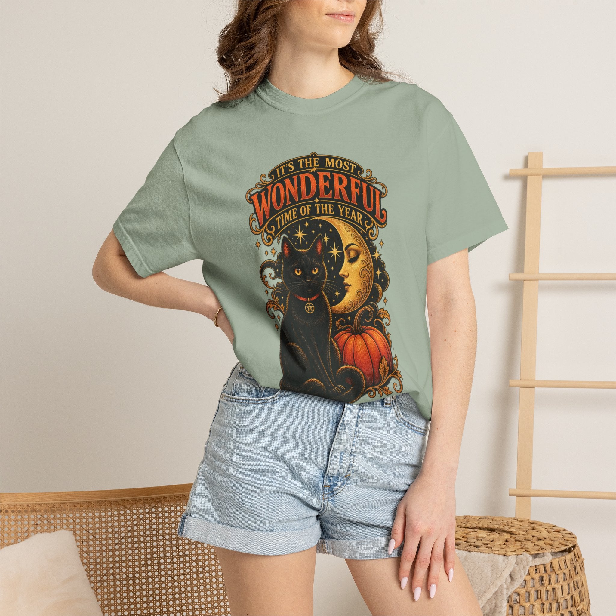 T-Shirt — "It's the Most Wonderful Time of the Year" Halloween Black Cat & Pumpkin
