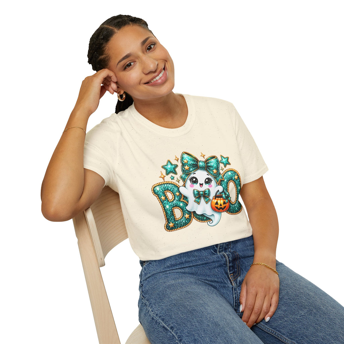 Boo Ghost Graphic T-Shirt — Cute Teal Glitter Halloween Tee