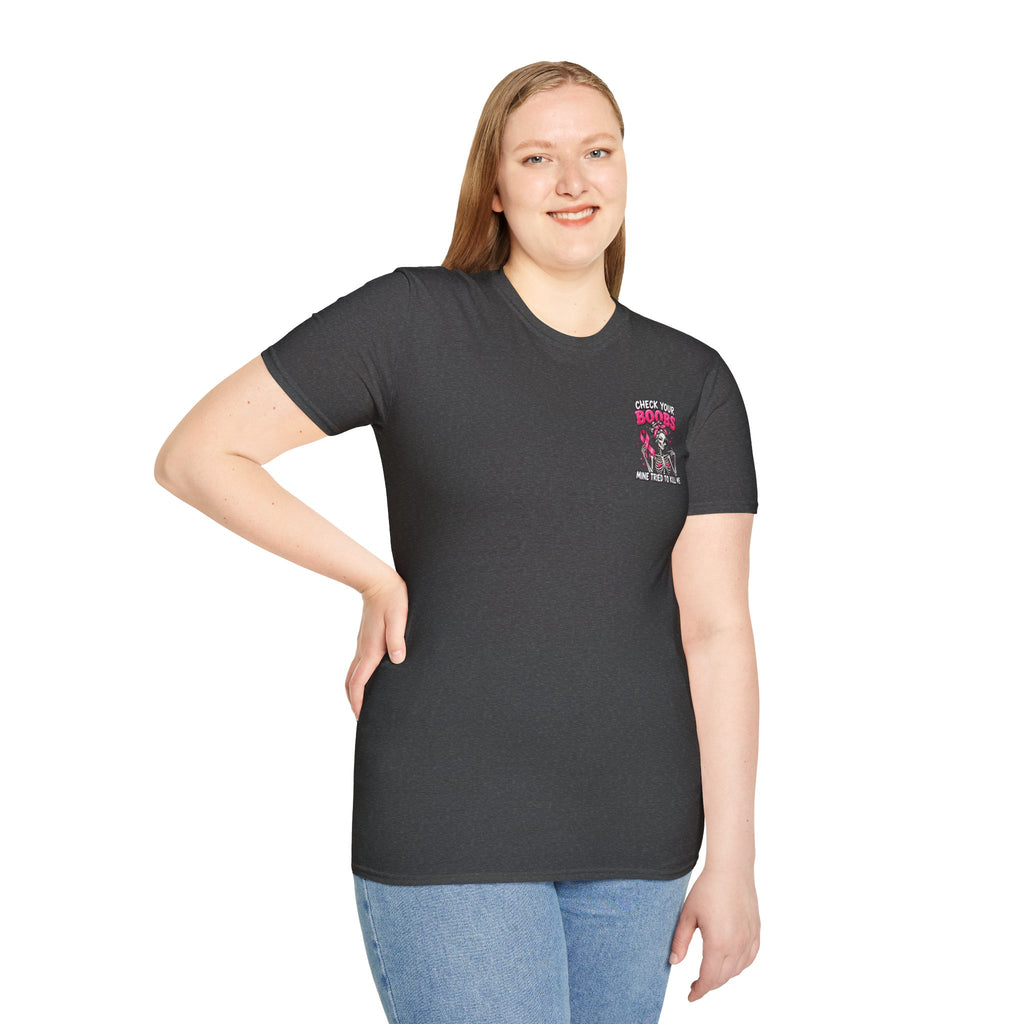 Breast Cancer Awareness T-Shirt — “Check Your Boobs, Mine Tried to Kill Me” Graphic Tee