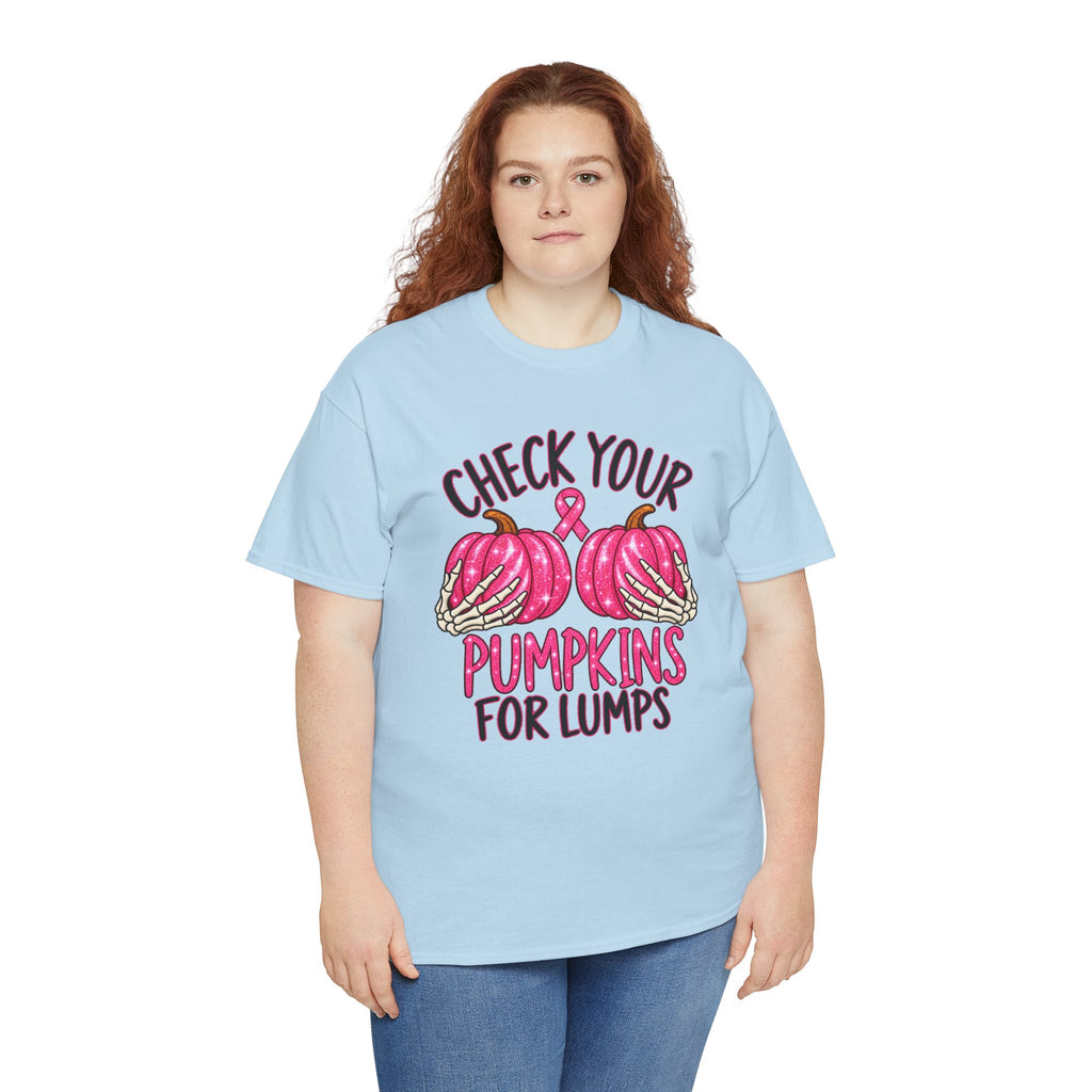 Breast Cancer Awareness T-Shirt — "Check Your Pumpkins for Lumps" Pink Ribbon Tee