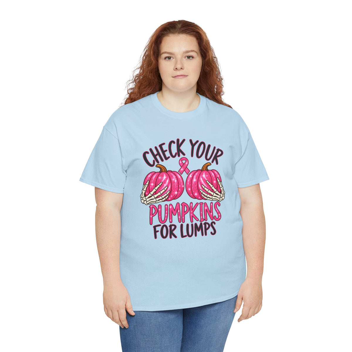 Breast Cancer Awareness T-Shirt — "Check Your Pumpkins for Lumps" Pink Ribbon Tee
