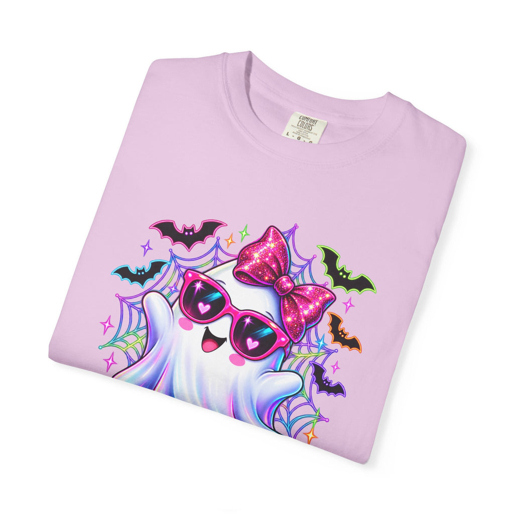 Cute Halloween Ghost T-Shirt — Pink Bow Ghost with Sunglasses & Pumpkins
