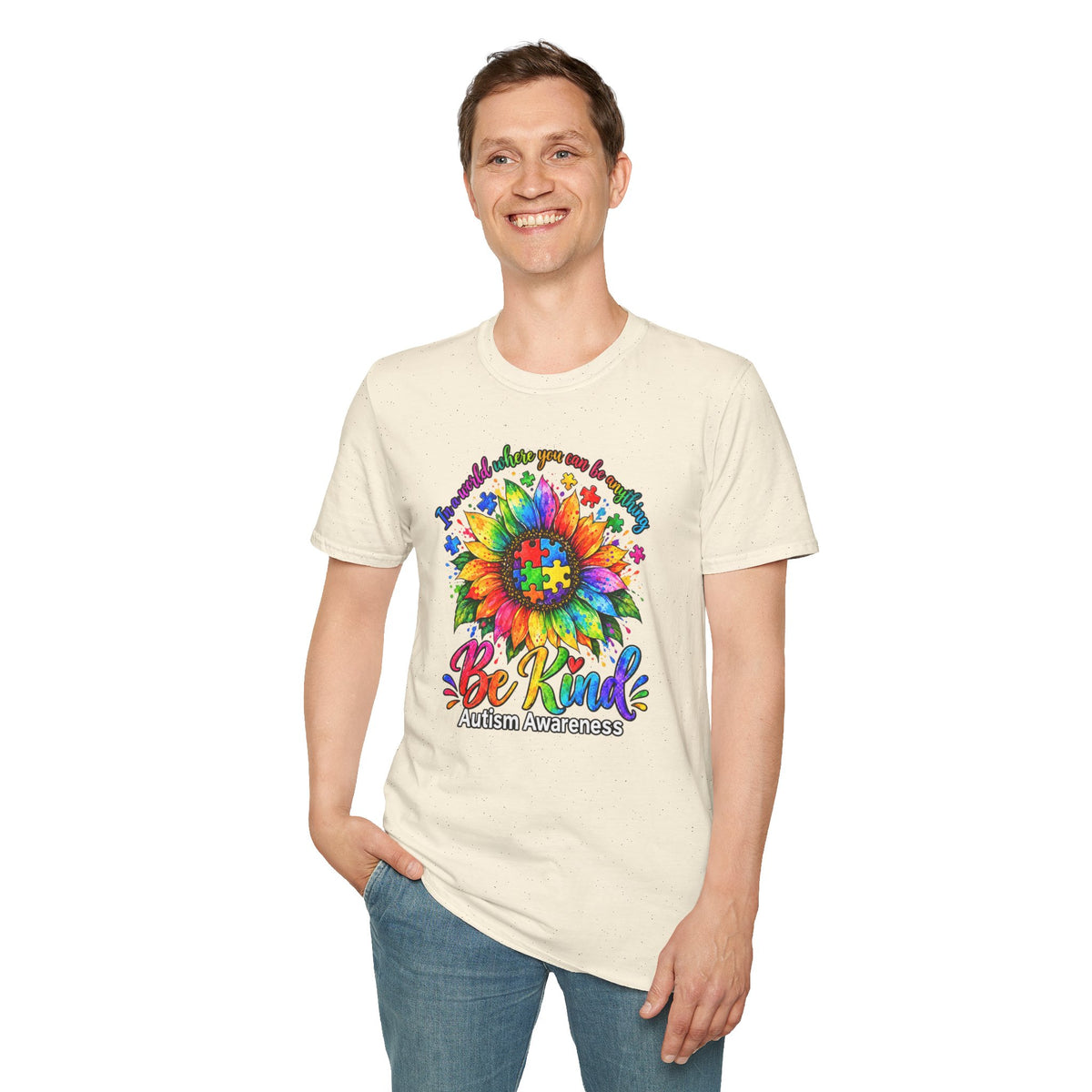 Autism Awareness Sunflower T-Shirt — 'Be Kind' Rainbow Puzzle Design
