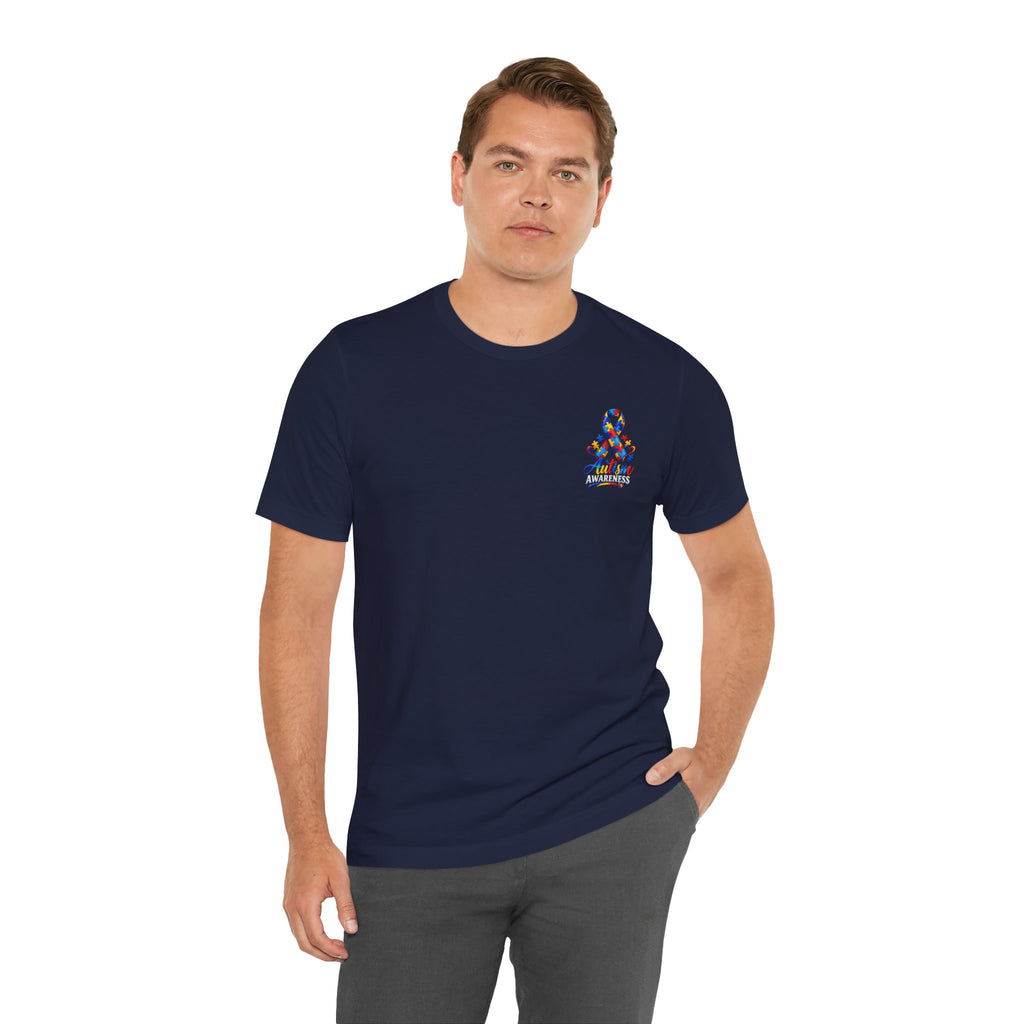 Autism Awareness Ribbon Chest Tee — 'Different, Not Less' Short Sleeve T-Shirt