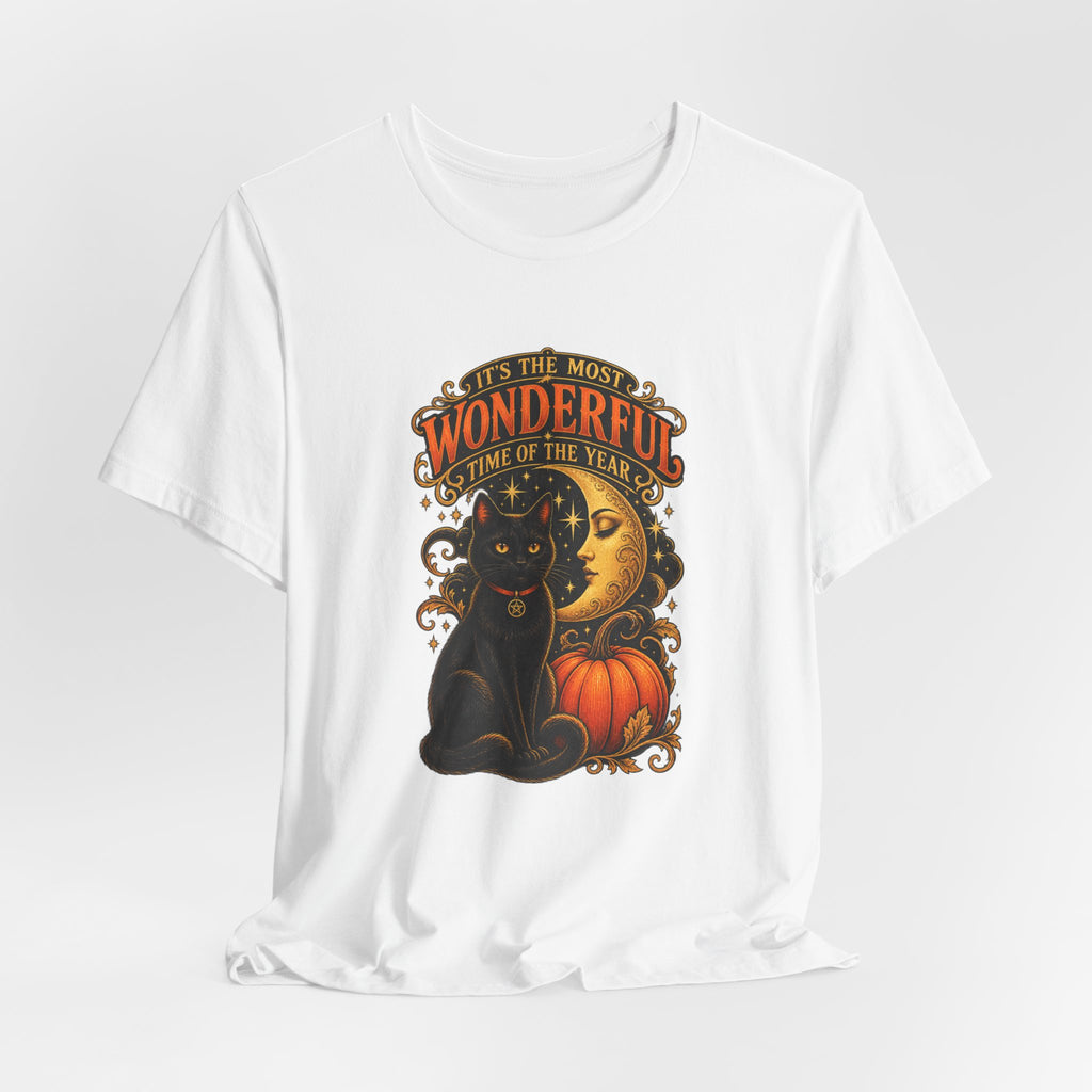 Halloween Cat Tee — "It's the Most Wonderful Time of the Year" Pumpkin & Moon Shirt