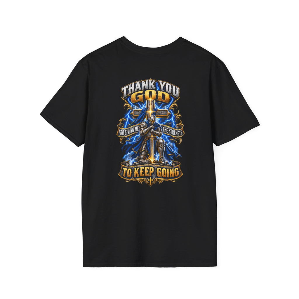 T-Shirt — "Thank You God I Keep Going" Faith Graphic Pocket Tee