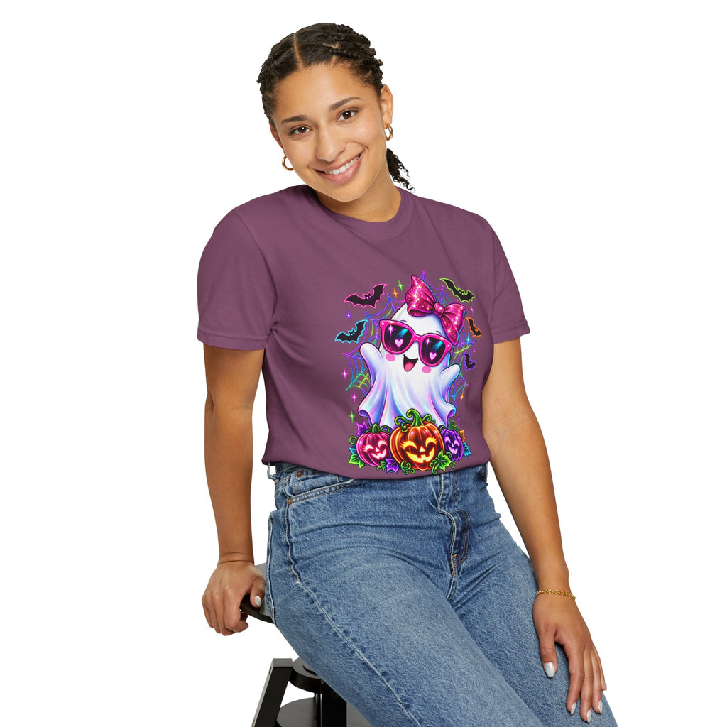 Cute Halloween Ghost T-Shirt — Pink Bow Ghost with Sunglasses & Pumpkins