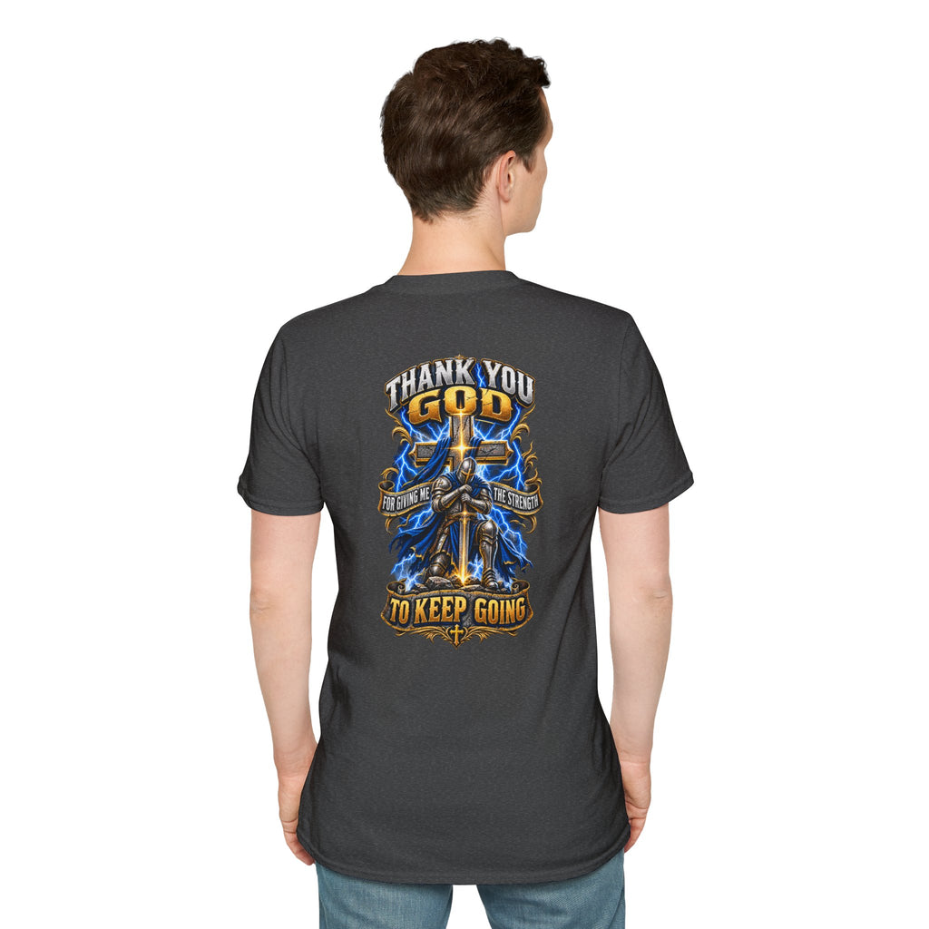 T-Shirt — "Thank You God I Keep Going" Faith Graphic Pocket Tee