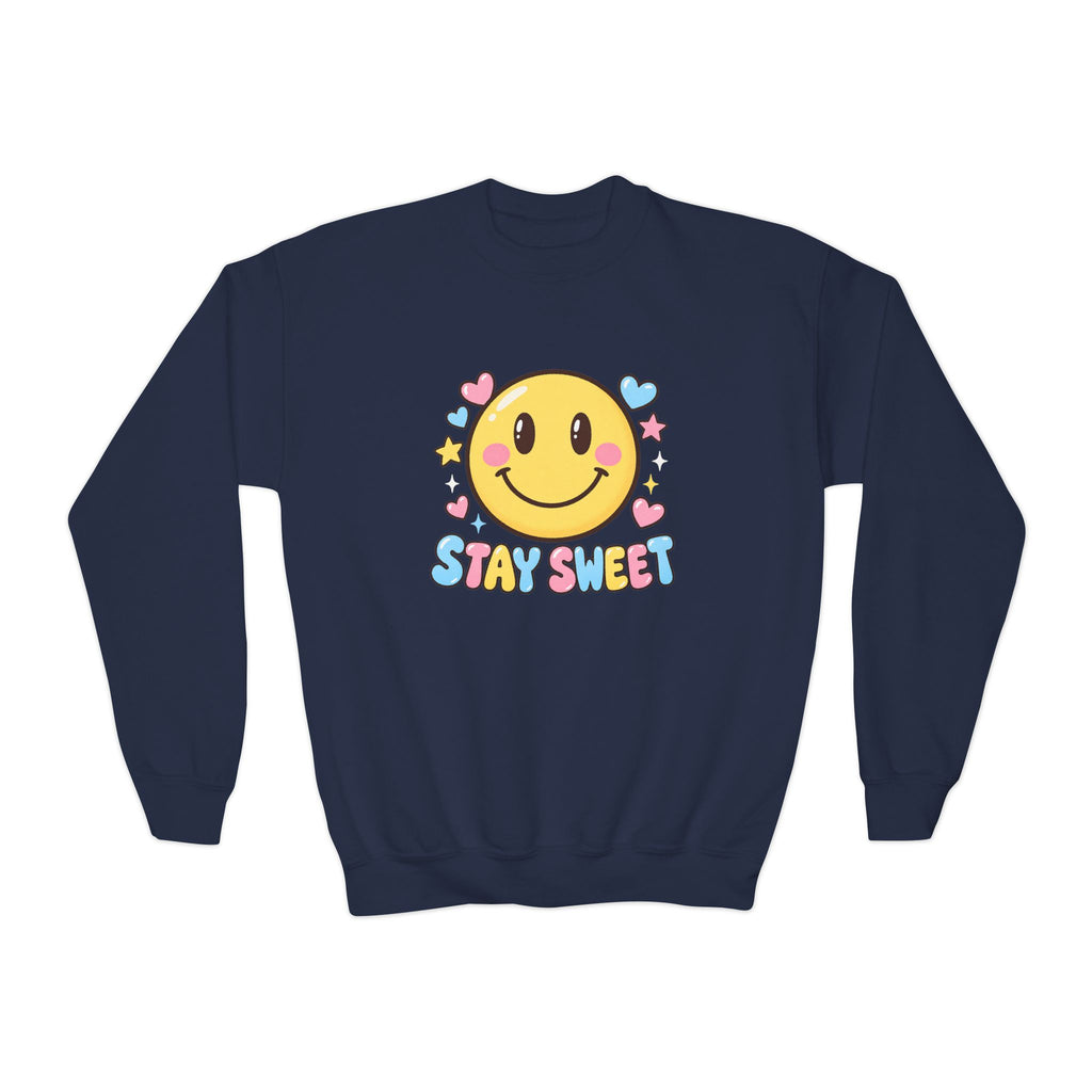 Youth Crewneck Sweatshirt — Cute Smiley "Stay Sweet" Graphic, Kids Cozy Pullover
