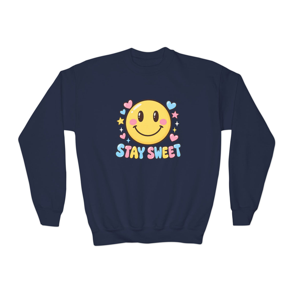 Youth Crewneck Sweatshirt — Cute Smiley "Stay Sweet" Graphic, Kids Cozy Pullover