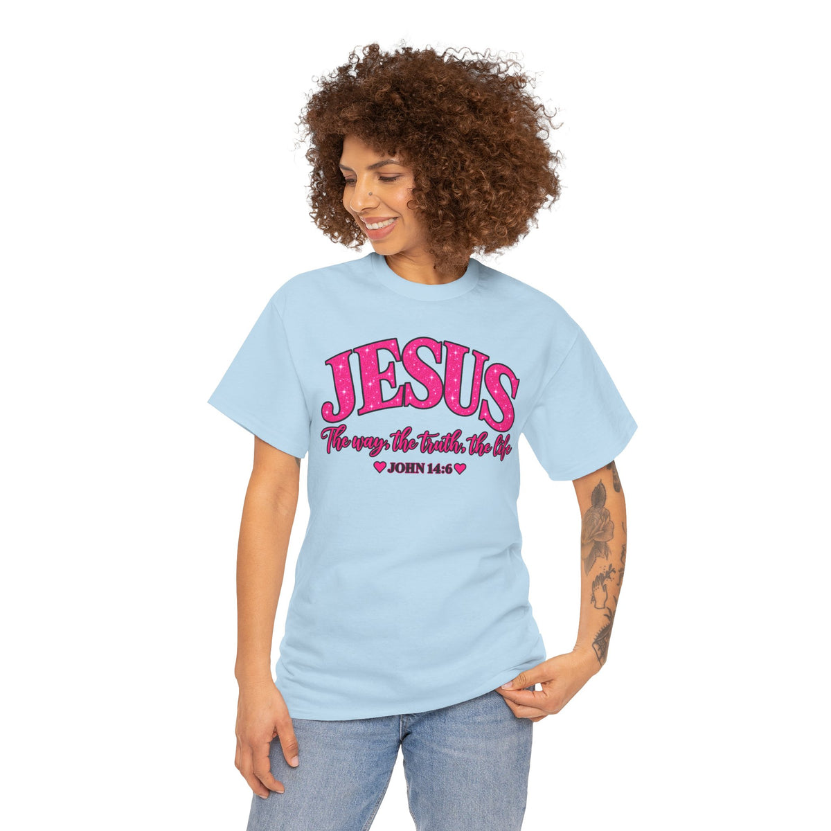 Christian T-Shirt — "JESUS The way, the truth, the life" (John 14:6) Pink Vintage Script